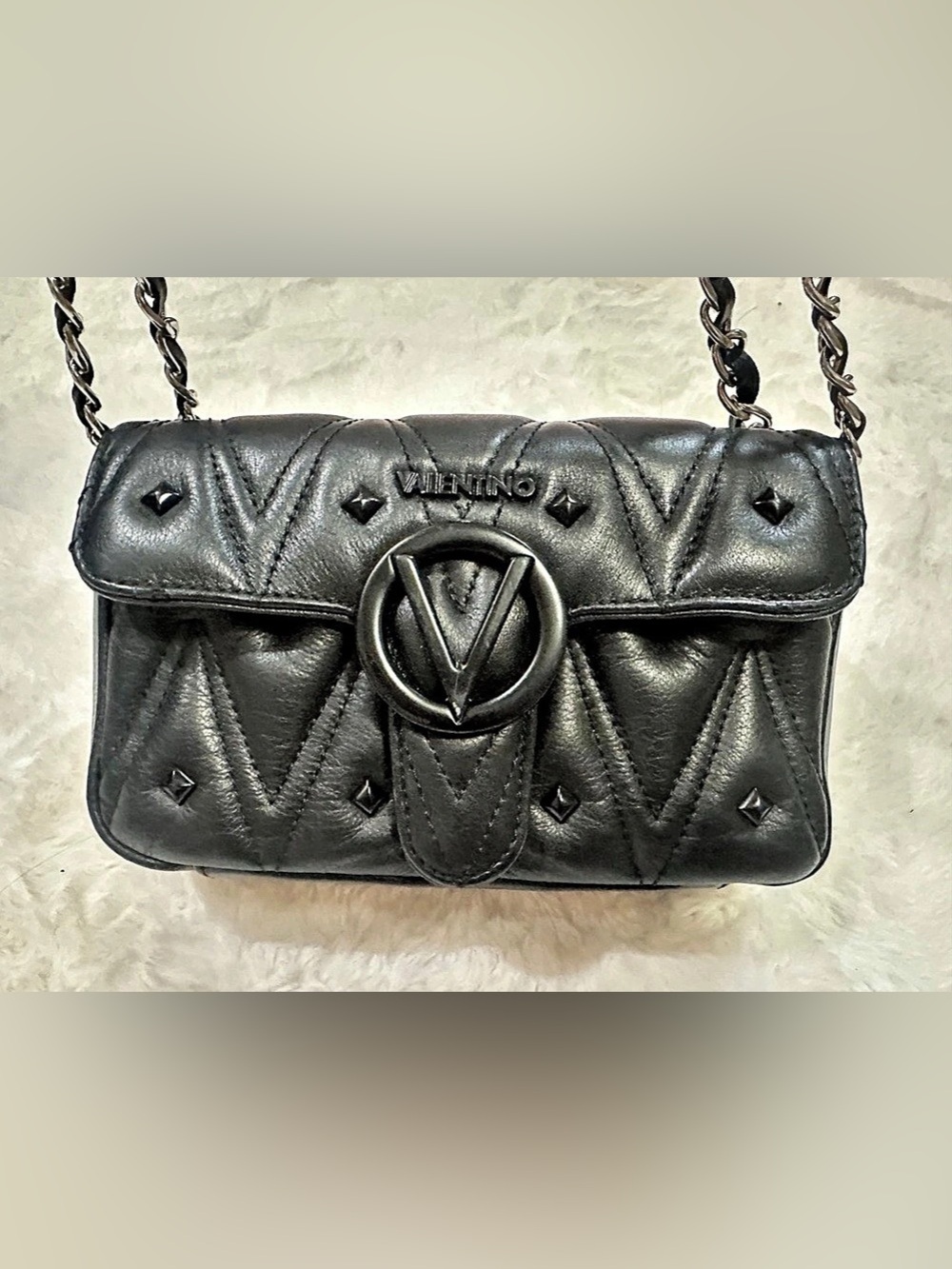 Mario Valentino Rockstud Spike Quilted Crossbody Bag in Black